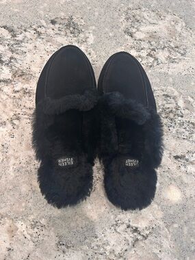 Eileen Fisher Black Fur-Lined Suede Mules